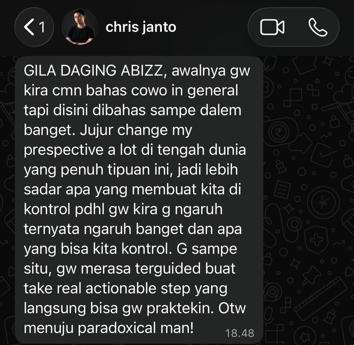 Screenshot testimoni WhatsApp dari Christian Harjanto