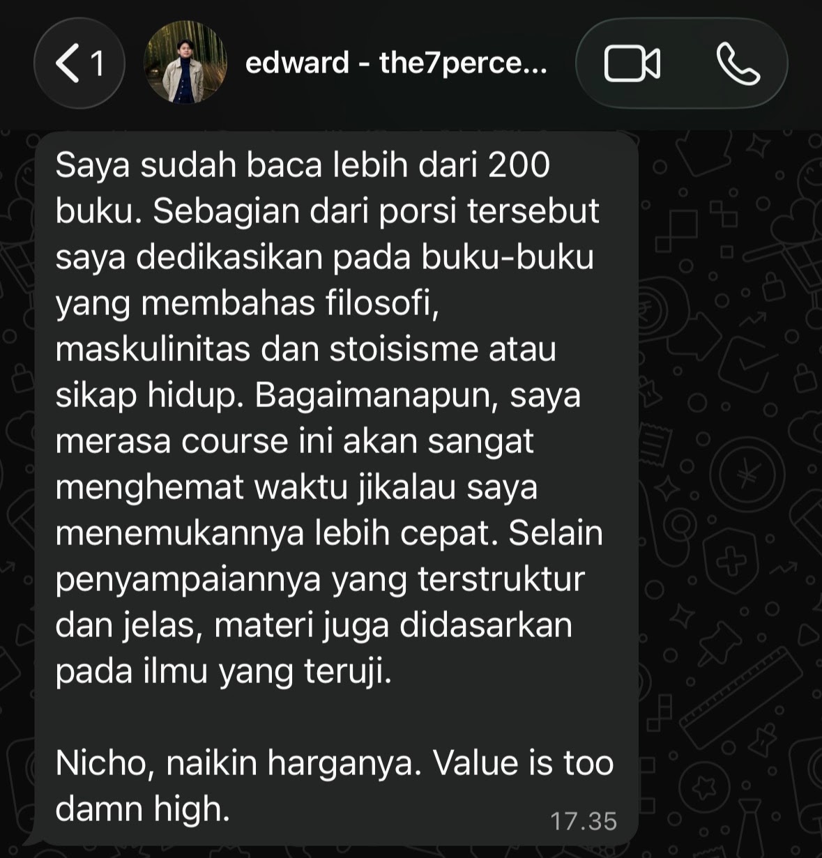 Screenshot testimoni WhatsApp dari Edward Santoso