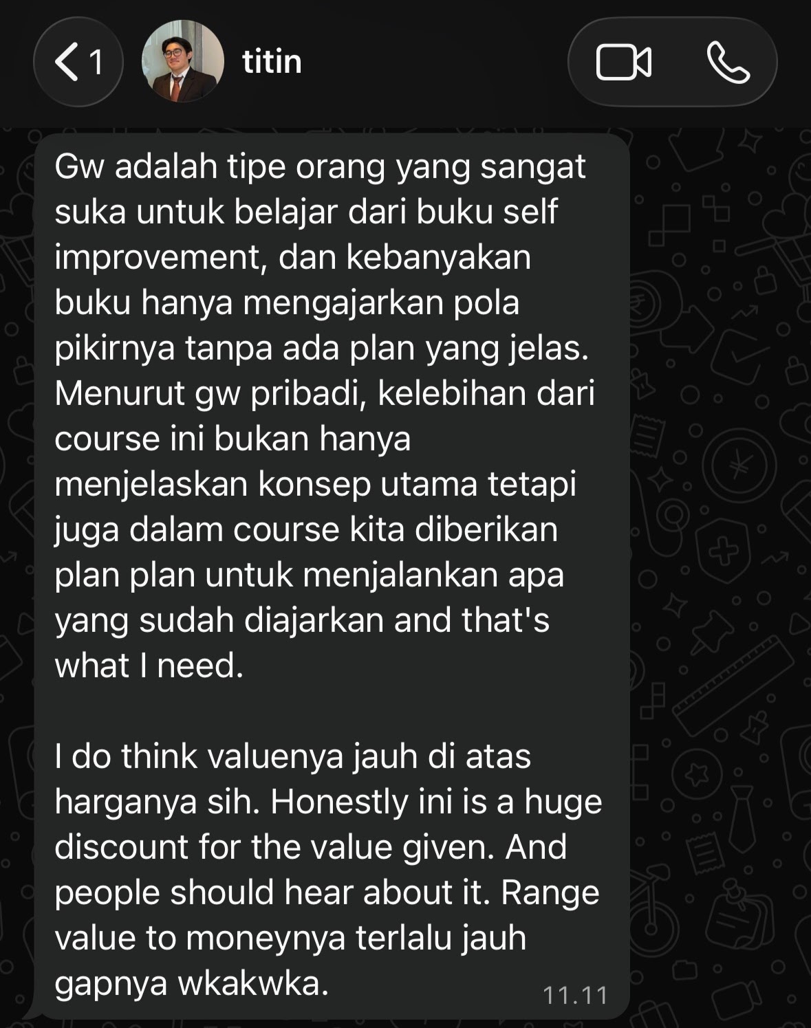 Screenshot testimoni WhatsApp dari Justin Vanes
