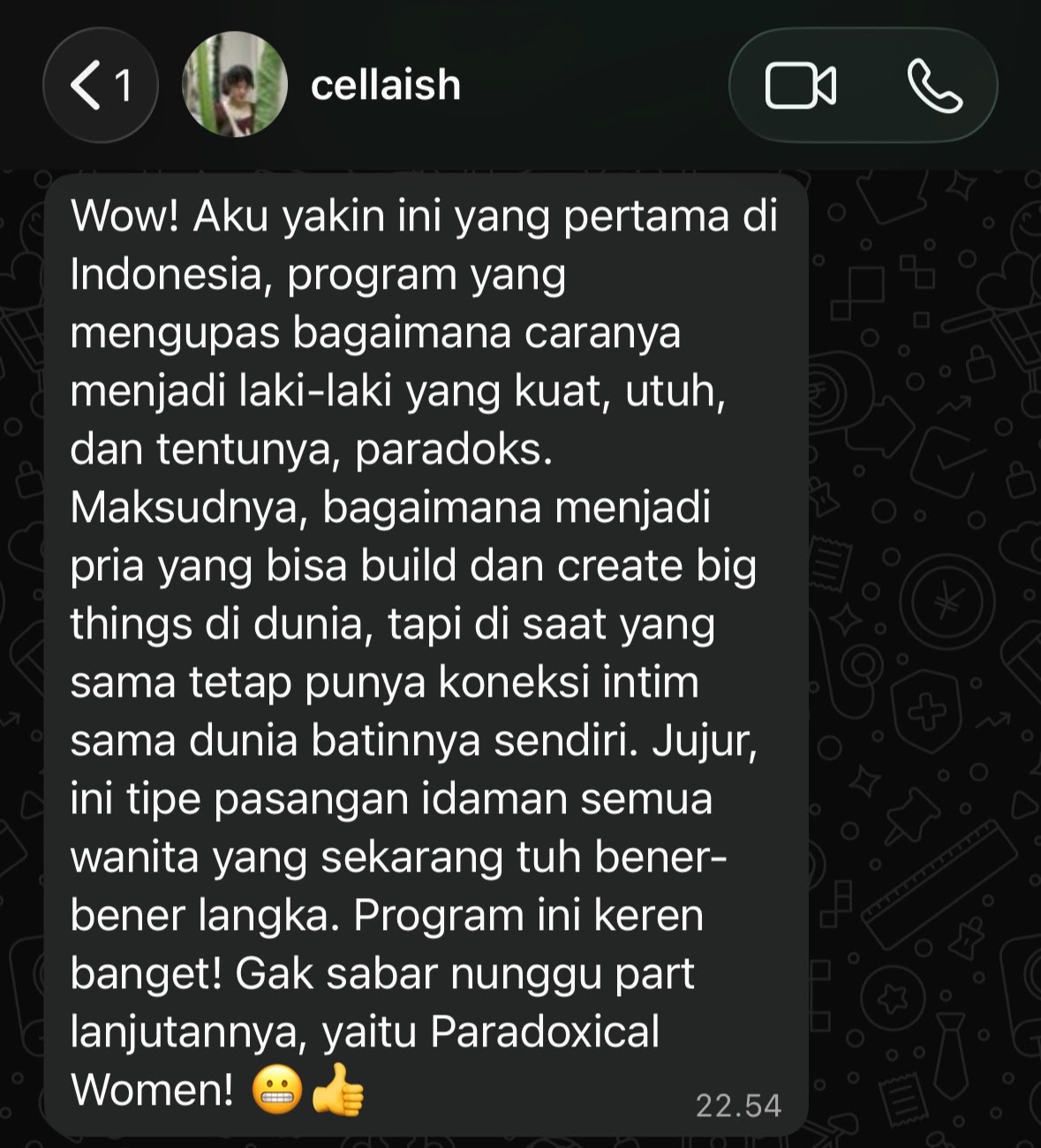 Screenshot testimoni WhatsApp dari Marcella Ismanto